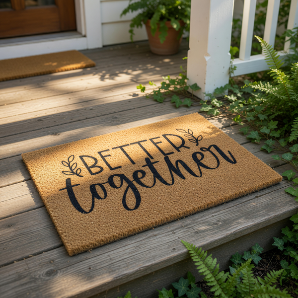 Better Together coir doormat featuring black script text and leaf accents on a natural fiber welcome mat, ideal for a front porch entry, housewarming, or wedding decor for couples who want a stylish and durable outdoor floor rug.