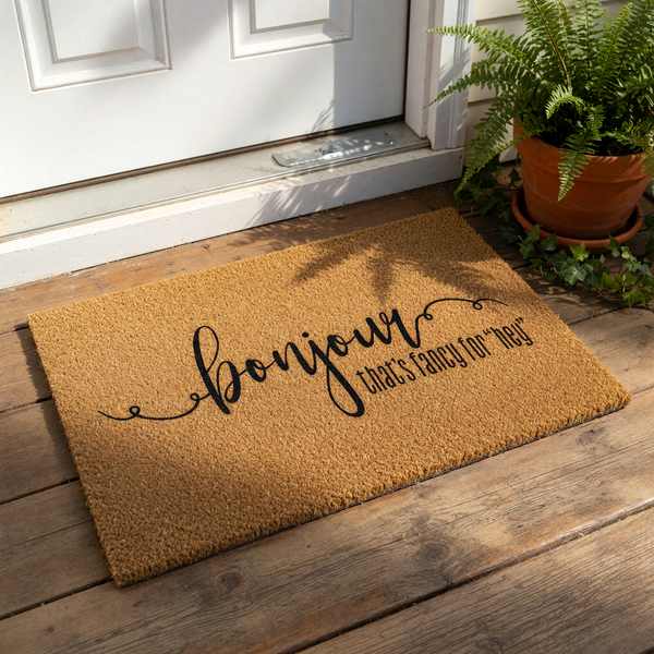 Bonjour that is fancy for hey coir doormat, a natural fiber welcome mat for front porch decor with black script lettering, placed on a wood deck by a white door, perfect for a funny housewarming entry rug or outdoor floor mat.