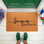 Bonjour doormat with funny text that is fancy for hey, a natural coir welcome mat for front porch decor.