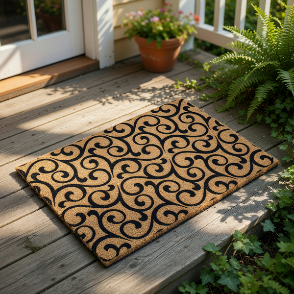 Natural coir doormat with a black scrollwork pattern, this outdoor welcome mat features a decorative swirl design for a porch entrance, providing a stylish and durable floor covering for your home entryway or front door decor.