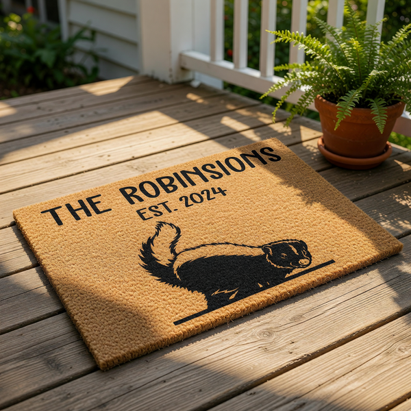Personalized skunk doormat featuring a cute animal illustration and custom family name text, this durable coir welcome mat is a stylish outdoor floor rug for your front porch entry and a fun housewarming decor piece for any home.
