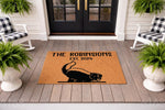 Personalized skunk family doormat for front porch entry, featuring a custom last name and established year on natural coir fiber.