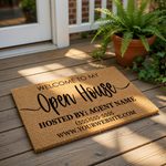 Personalized real estate open house doormat on a porch, featuring custom text for an agent name and contact info on a natural coir welcome mat, perfect for realtor marketing, home staging, and professional property branding.