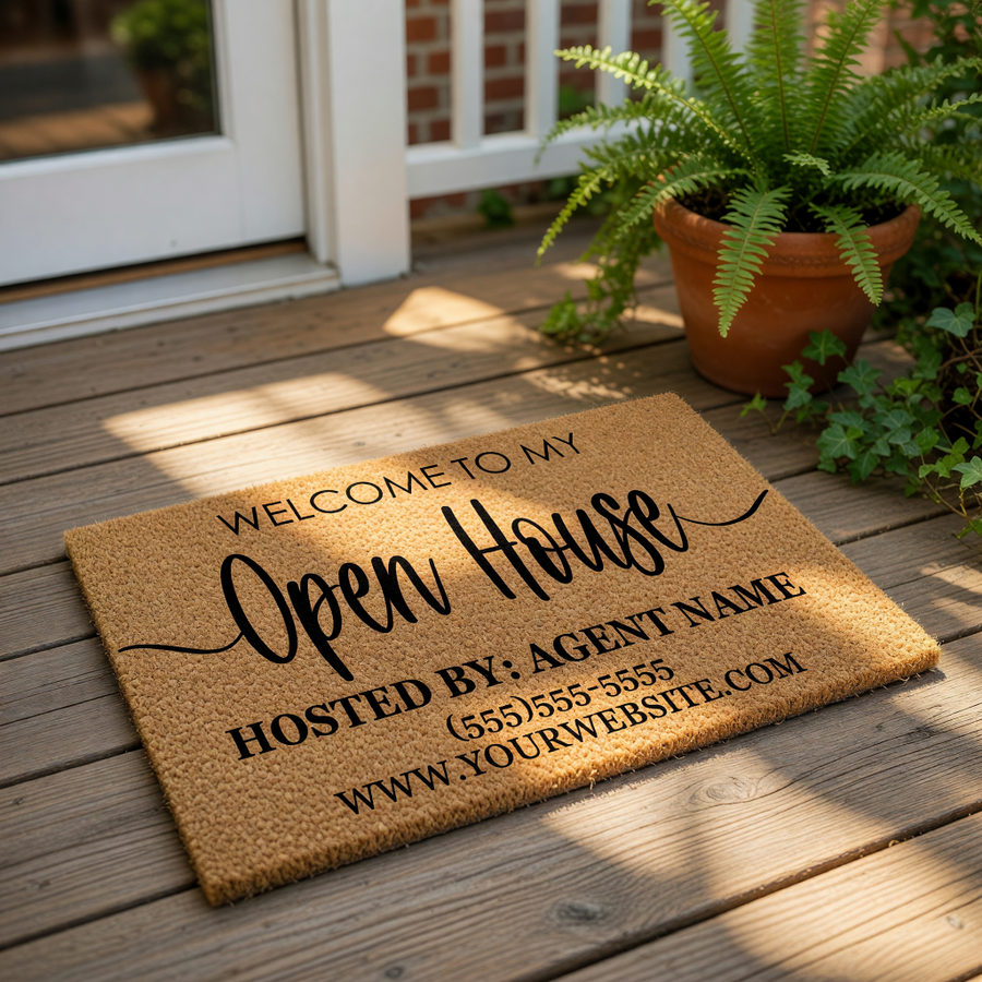 Personalized real estate open house doormat on a porch, featuring custom text for an agent name and contact info on a natural coir welcome mat, perfect for realtor marketing, home staging, and professional property branding.