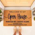 Personalized real estate open house doormat with custom agent name and contact info, featuring a natural coir welcome mat design for home staging, property marketing, and realtor branding placed at a front door entrance.