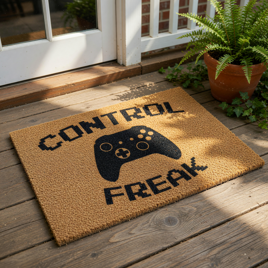 Control Freak gaming doormat with a black video game controller graphic on a natural coir fiber welcome mat, perfect for a gamer room entrance or front door decor for those who love playing console video games at home.