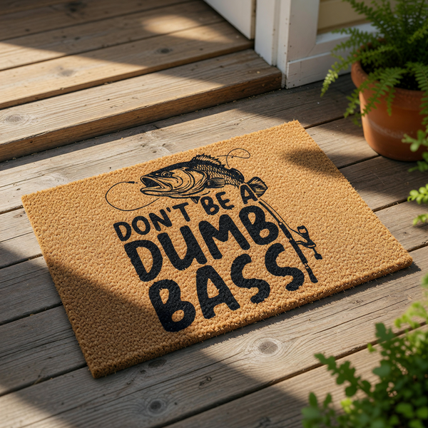 Funny fishing doormat with a bass fish graphic and the text Don't Be A Dumb Bass, featuring a natural coir fiber welcome mat design that is perfect for a fisherman porch decor or a humorous outdoor entrance rug for any fishing