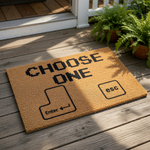 Computer keyboard themed doormat featuring the text Choose One with Enter and Esc key graphics, this funny welcome mat is made of natural coir fiber and is a great housewarming decor piece for any gamer or tech enthusiast home