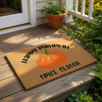Happy Pumpkin Spice Season doormat featuring a bright orange pumpkin graphic on natural coir fiber, perfect for fall porch decor and autumn entryway styling to welcome guests to your home during the cozy harvest holiday season.
