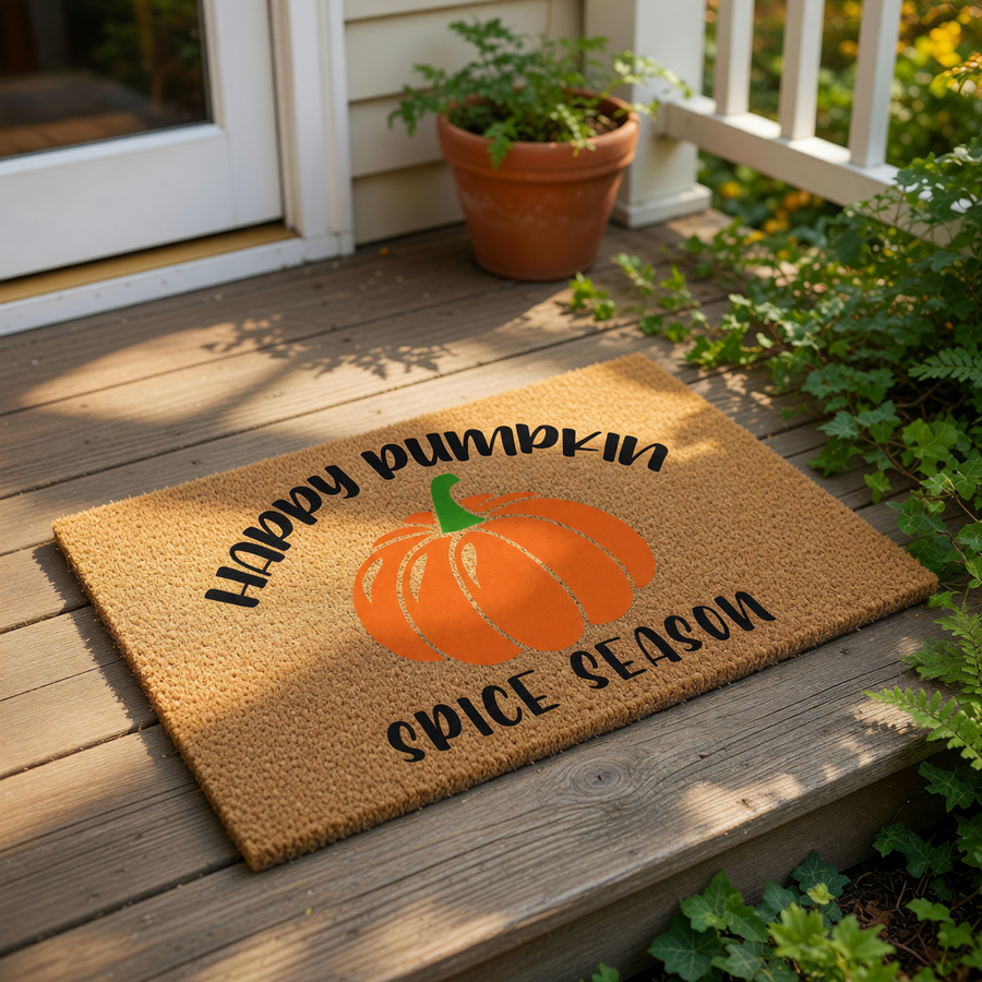 Happy Pumpkin Spice Season doormat featuring a bright orange pumpkin graphic on natural coir fiber, perfect for fall porch decor and autumn entryway styling to welcome guests to your home during the cozy harvest holiday season.