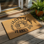 Happy Turkey Day doormat featuring a cute turkey illustration inside a decorative leaf wreath, this natural coir fiber welcome mat is a festive fall porch decor piece for Thanksgiving home entryways and seasonal outdoor floor