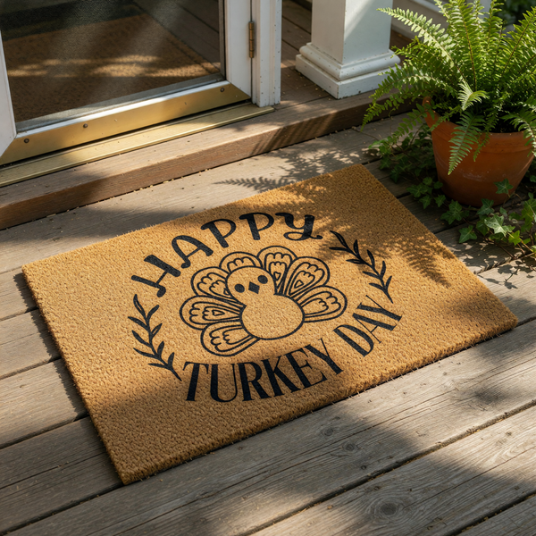Happy Turkey Day doormat featuring a cute turkey illustration inside a decorative leaf wreath, this natural coir fiber welcome mat is a festive fall porch decor piece for Thanksgiving home entryways and seasonal outdoor floor