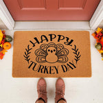 Happy Turkey Day doormat featuring a cute turkey illustration and autumn leaves, this natural coir welcome mat is a festive fall porch decor piece for Thanksgiving home entryways and seasonal front door floor mats.