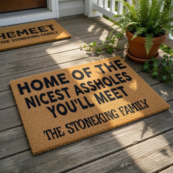 Personalized funny doormat for front porch featuring the text Home of the Nicest Assholes You Will Meet, this natural coir fiber welcome mat is a durable outdoor floor rug for home entryways and a humorous housewarming gift idea.