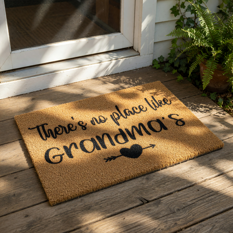 Grandma doormat featuring a natural coir fiber welcome mat design with black text that reads There is no place like Grandma's and a heart arrow icon, perfect for a front porch entry rug or a personalized housewarming home decor