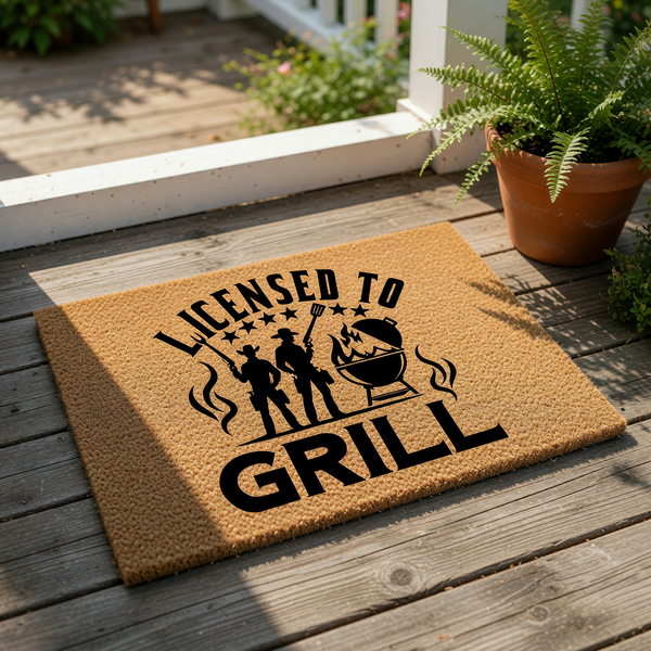 Licensed to Grill coir doormat featuring a funny barbecue design with silhouettes of two people holding grilling tools near a charcoal grill, making this a great outdoor welcome mat for a patio, deck, or backyard cooking area.