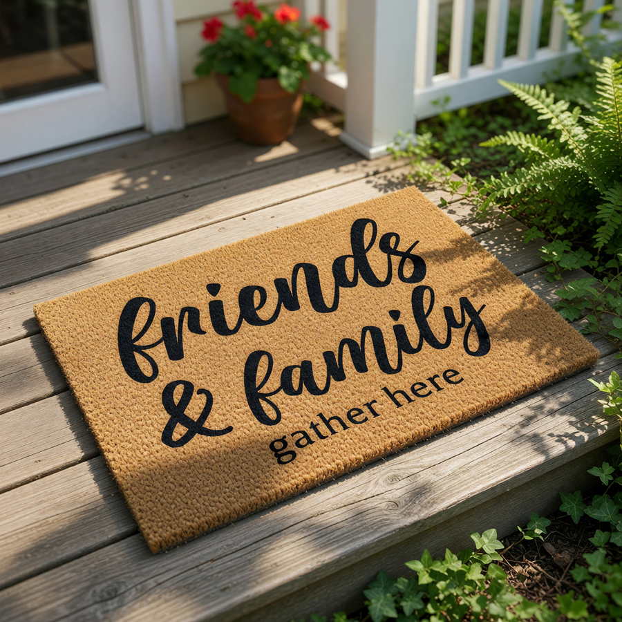 Friends and family gather here coir doormat with black script lettering, a natural fiber welcome mat for front porch entryways that adds a warm, inviting touch to your home decor and entryway floor space for guests and visitors.