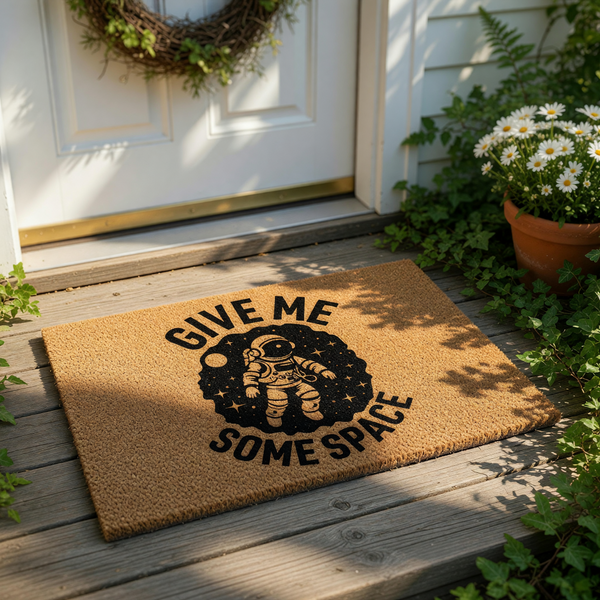 Astronaut doormat with Give Me Some Space text, a funny coir welcome mat for front porch entryways featuring a black space graphic with stars and a planet, perfect for science lovers and home decor enthusiasts seeking a unique