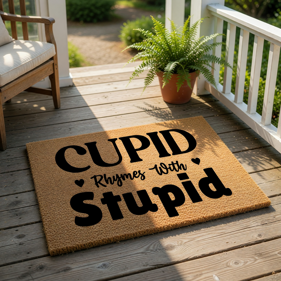 Funny Cupid Rhymes With Stupid doormat featuring bold black text on a natural coir fiber welcome mat, perfect for a humorous front porch decor or a sarcastic Valentine's Day entryway rug for your home or apartment entrance.