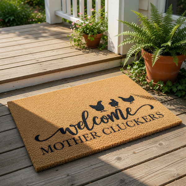 Funny chicken welcome doormat featuring a natural coir fiber texture with black printed text that says welcome mother cluckers and three chicken silhouettes, making this a humorous farmhouse style outdoor entry rug for your front