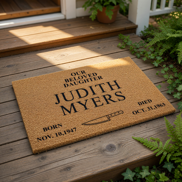 Memorial doormat for a daughter featuring a kitchen knife graphic, personalized with birth and death dates on a natural coir fiber welcome mat, displayed on a front porch to honor a loved one with a dark, horror-themed design.