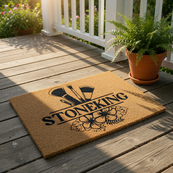 Personalized makeup artist doormat featuring a natural coir welcome mat design with black ink brushes and tropical hibiscus flowers, perfect for a beauty salon entrance or a makeup lover home decor front porch floor mat.