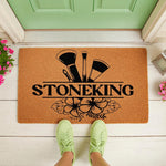 Personalized makeup artist doormat with brushes and tropical flowers, featuring a custom last name design on natural coir fiber.