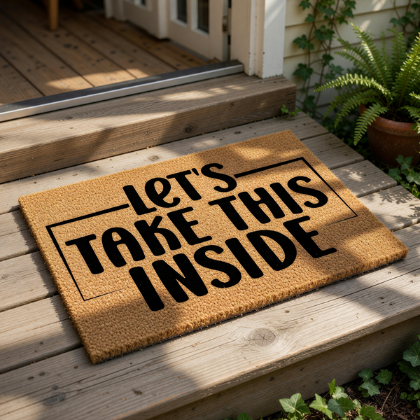 Let's Take This Inside coir doormat with a funny quote in black text, featuring a natural fiber welcome mat for your front porch or entryway that adds a humorous touch to your home decor and housewarming gift ideas for new