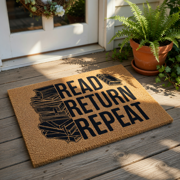 Book lover doormat featuring a stack of books and the text Read Return Repeat, this natural coir welcome mat is a funny literary floor rug for a library, home office, or front porch entrance for any avid reader or bookworm.