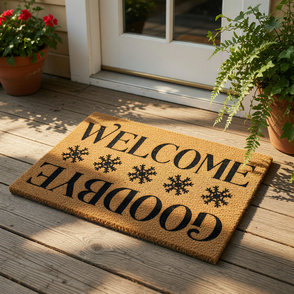 Winter snowflake welcome doormat with a funny goodbye message on the bottom, featuring a natural coir fiber texture and bold black text for a humorous front porch entry rug that greets guests and signals when it is time to leave.