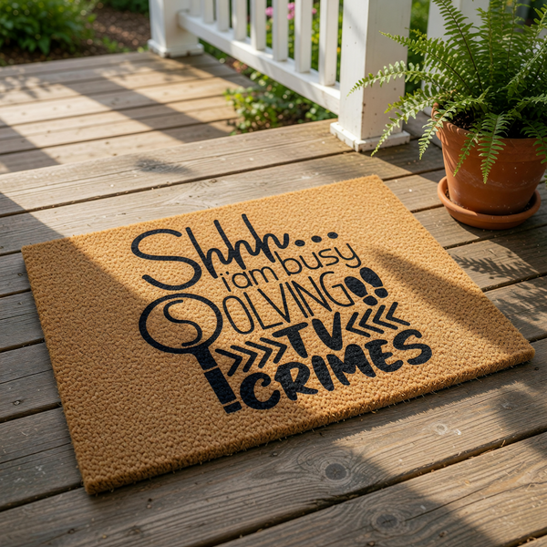 Funny TV crime show doormat with a natural coir texture and black text that reads Shhh I am busy solving TV crimes, making this a humorous welcome mat for true crime fans and a unique front porch decor piece for your home