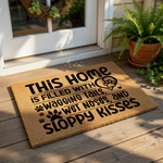 Dog lover welcome doormat featuring the text This home is filled with wagging tails, wet noses, and sloppy kisses with paw print designs on a natural coir fiber mat, perfect for pet owners and front porch decor for dog house