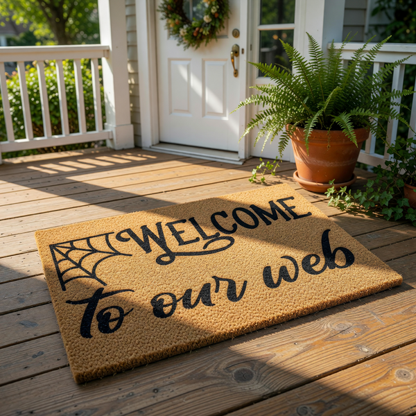Halloween welcome doormat with a spider web design and the text Welcome to our web, featuring a natural coir fiber texture for a spooky front porch decor piece that serves as a fun seasonal entryway mat for your home during the