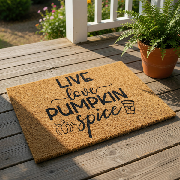 Fall pumpkin spice doormat for front porch decor, featuring a natural coir welcome mat with black text and autumn icons, perfect for seasonal home entryways and rustic farmhouse outdoor floor mats during the cozy autumn season.