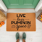Fall pumpkin spice doormat for front porch decor, featuring a natural coir welcome mat with black text and coffee cup graphics, perfect for autumn home entryways and seasonal outdoor floor mats for a cozy farmhouse look.