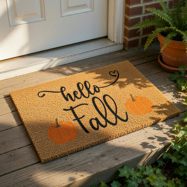 Hello Fall pumpkin doormat with a natural coir texture, featuring black cursive text and two orange pumpkins for a seasonal autumn porch decor look that serves as a festive welcome mat for your front door entrance during the