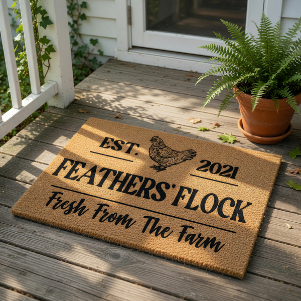 Farmhouse chicken doormat with a natural coir texture, featuring a black printed hen illustration and the text Feathers Flock Fresh From The Farm, making a rustic welcome mat for any country home or backyard chicken coop entrance.