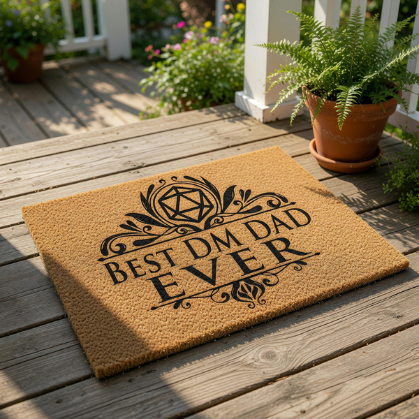 Best DM Dad Ever coir doormat featuring a twenty-sided die icon and ornate scrollwork, this natural fiber welcome mat is a fun home decor piece for a tabletop gaming father who loves roleplaying games and fantasy adventure themes.