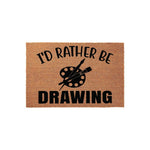 I'd Rather Be Drawing coir doormat featuring a black paint palette and brush graphic, this funny artist welcome mat is a durable outdoor floor rug for home entryways, perfect for painters, illustrators, and creative art studio