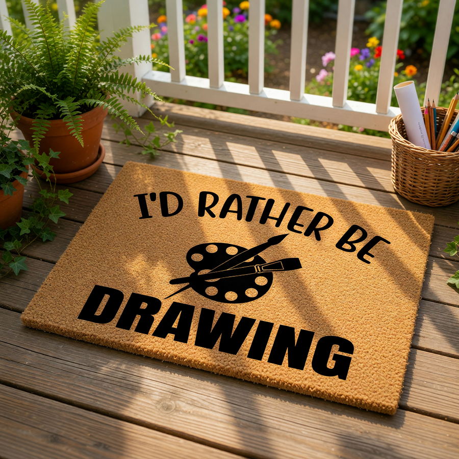 I'd Rather Be Drawing doormat featuring a paint palette and brush design on natural coir fiber, perfect for an artist home entrance or studio decor, shown on a porch with pink sneakers and colorful art supplies nearby.