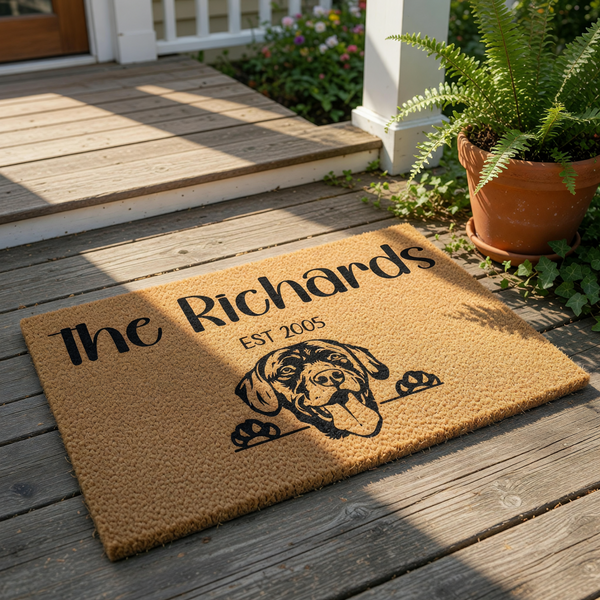 Personalized dog breed doormat featuring a custom family name and established year on natural coir fiber, this outdoor welcome mat with a cute puppy illustration is a durable front porch rug for pet lovers and new home owners.