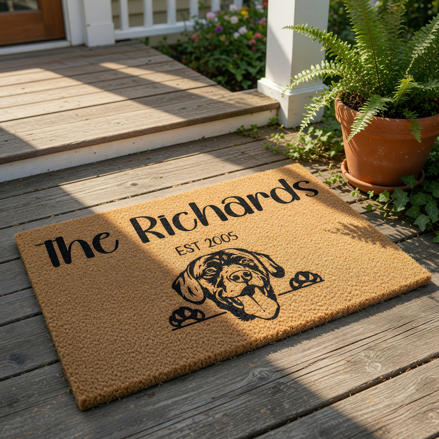 Personalized dog breed doormat featuring a custom family name and established year on natural coir fiber, this outdoor welcome mat with a cute puppy illustration is a durable front porch rug for pet lovers and new home owners.