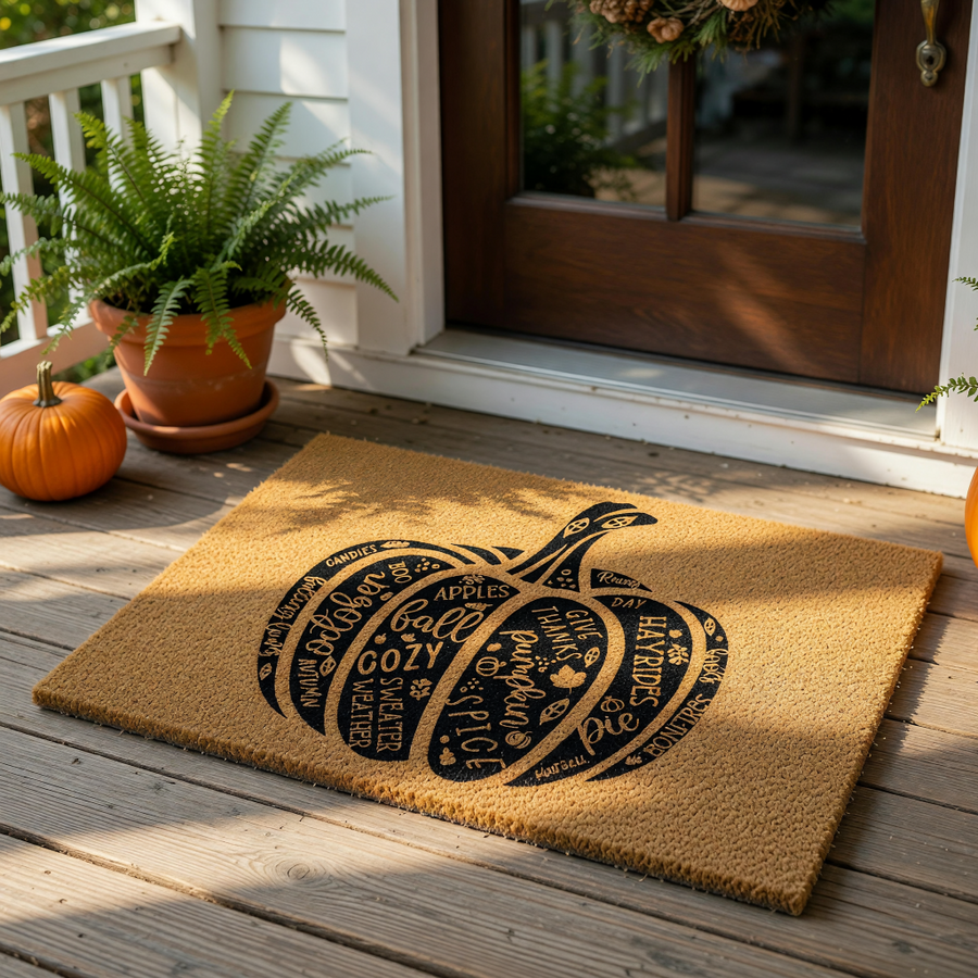 Autumn pumpkin doormat featuring a large black pumpkin design filled with fall words like sweater weather, hayrides, and pumpkin spice on a natural coir welcome mat, perfect for seasonal front porch decor and fall home entryways.