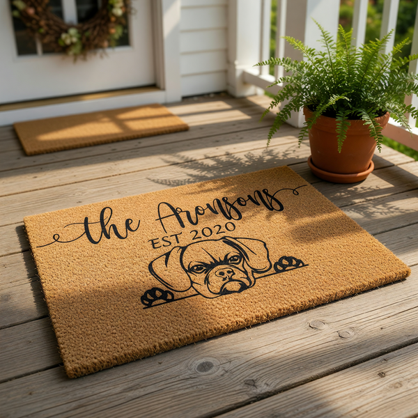 A rectangular, light brown doormat with a black dog illustration and text printed on it.
