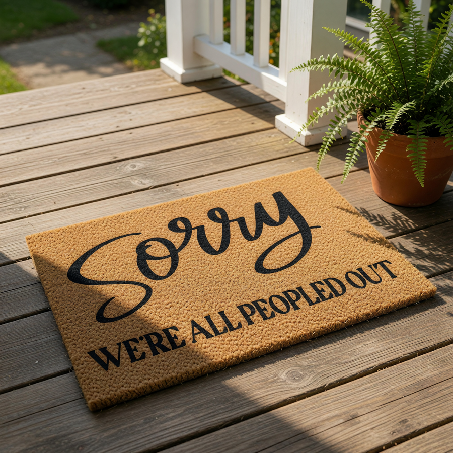 Funny doormat with Sorry We're All Peopled Out text, a natural coir fiber welcome mat for front porch decor, this humorous outdoor floor rug features bold black lettering on a durable brown textured surface for a stylish home