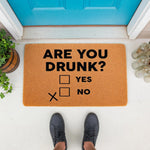 Funny Are You Drunk doormat with a checkbox design on a natural coir fiber welcome mat, featuring a humorous front porch decor piece for home entryways that makes a great housewarming gift for anyone who loves funny bathroom