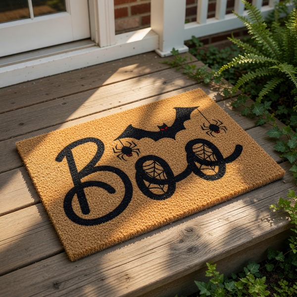 Boo Halloween doormat featuring a black bat and spider design on a natural coir fiber welcome mat, perfect for fall porch decor and spooky entryway floor mats that add a festive touch to your home during the autumn holiday season.