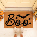 Boo Halloween doormat with a bat and spider design on a natural coir welcome mat, perfect for fall porch decor.