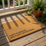 Funny doormat with text I hope you brought beer, plants, and dog treats, a natural coir fiber welcome mat for front porch entryways that makes a humorous housewarming gift for plant lovers and dog owners who enjoy a cold drink.