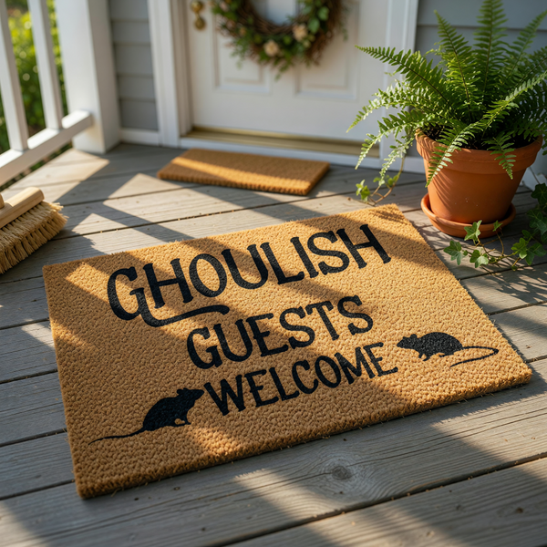 Ghoulish Guests Welcome doormat with rat silhouettes, a natural coir fiber welcome mat for Halloween porch decor, featuring spooky text and rodent graphics for a fun, seasonal entryway floor rug that greets visitors with humor.